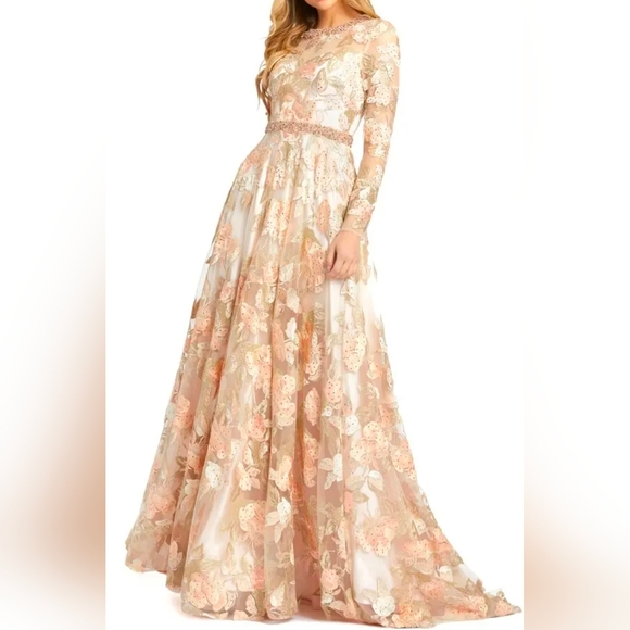 Mac Duggal Floral Embroidered Long Sleeve Dress, A-Line Gown in Cream Peachy NWT - Picture 5 of 15